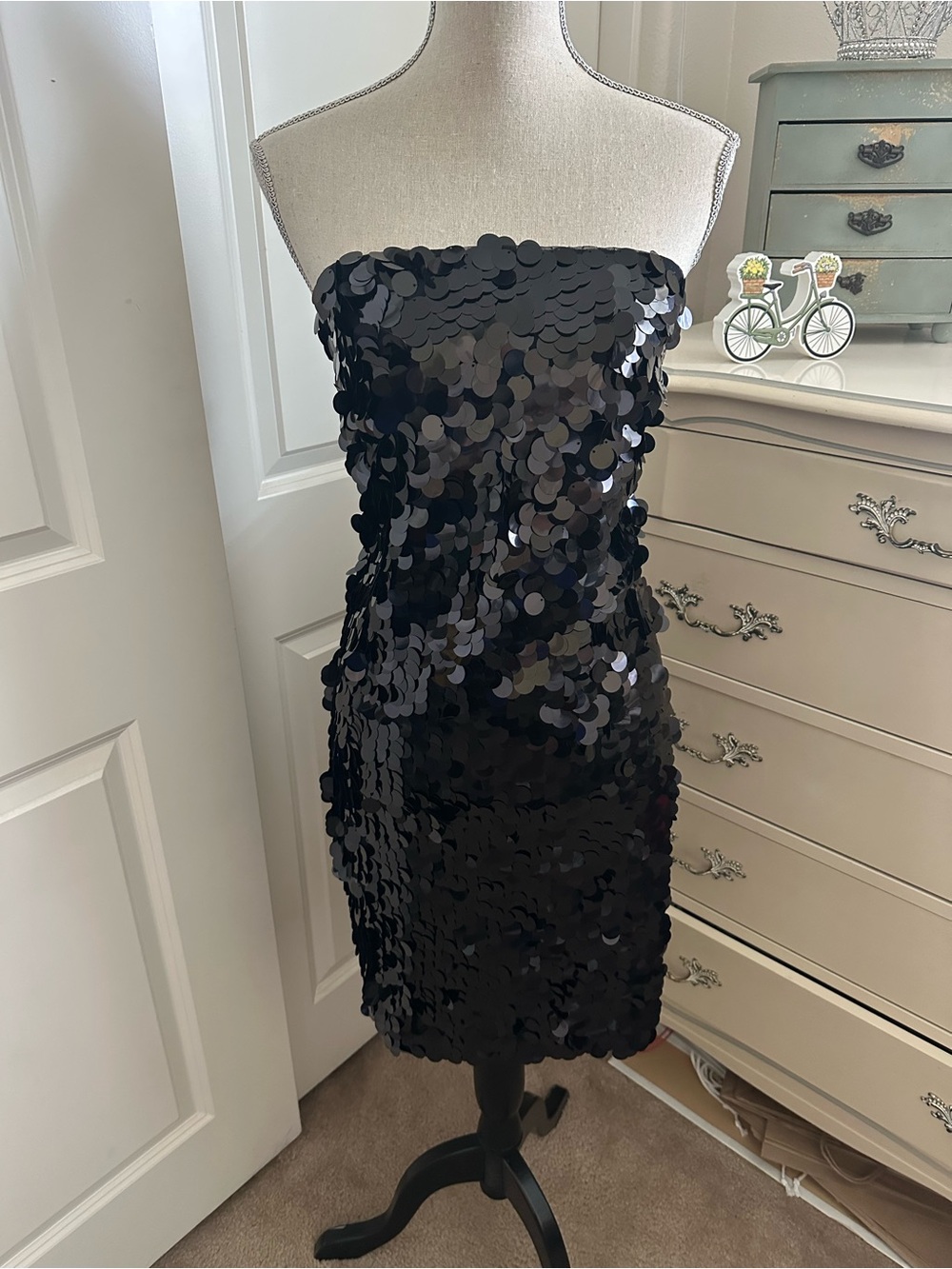 Forever 21 Black Strapless Sequin Mini Dress with Oversized Discs